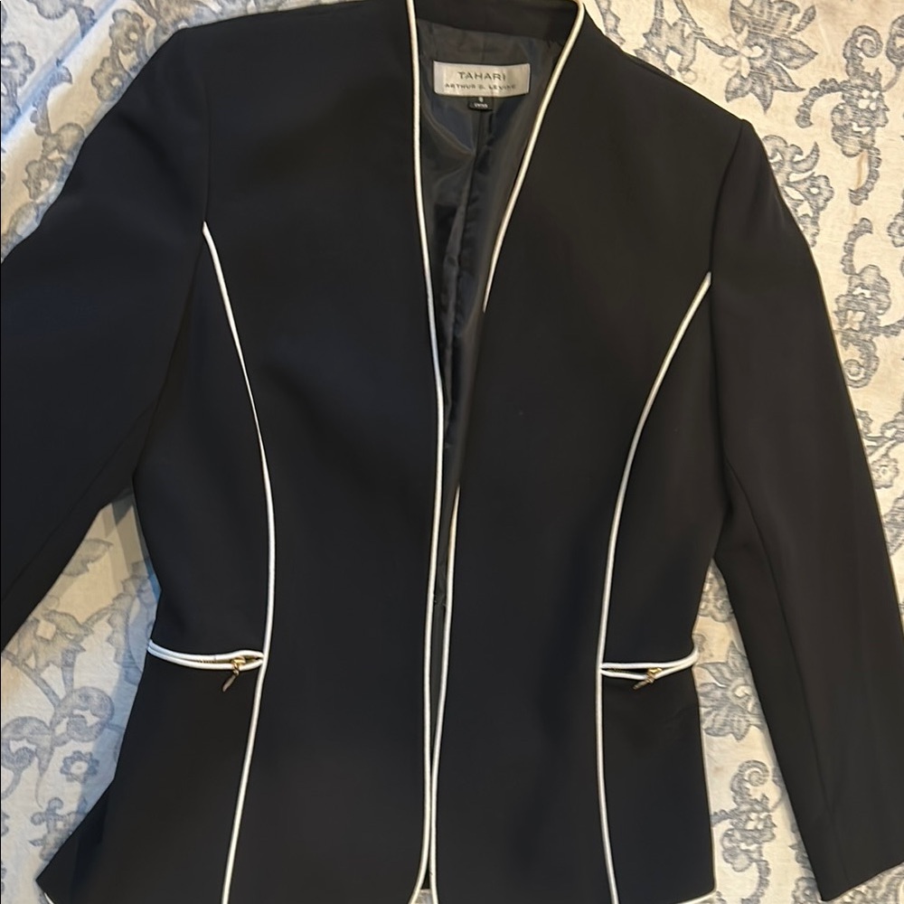 Tahari Black Blazer with White Piping